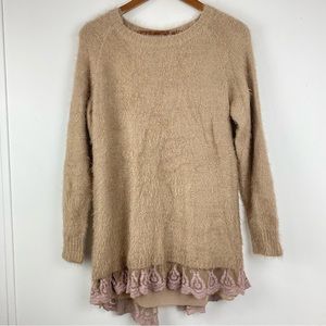 A’reve size Small Women’s Tan Knit Lace Hem Bow Open Back Pullover Sweater